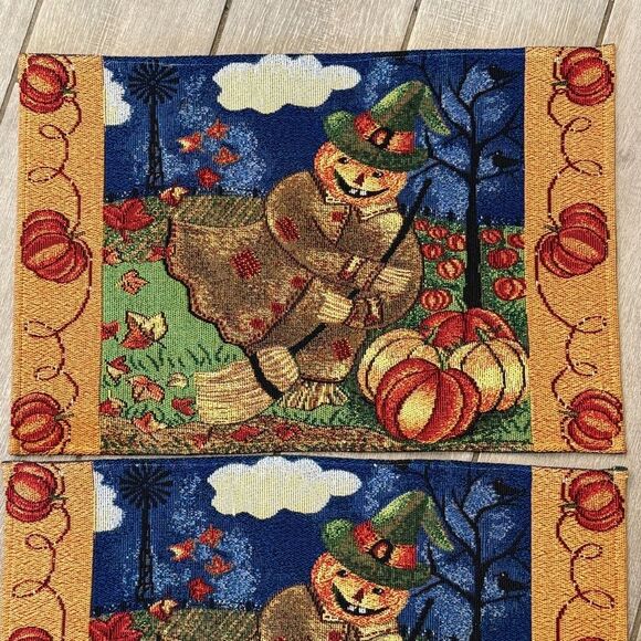 4 Vintage Scarecrow Tapestry Placemat Set Halloween Autumn - Picture 3 of 8